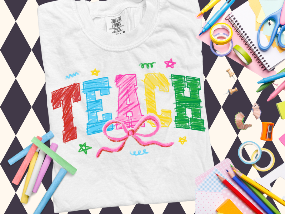 🎨 Crayon Scribble TEACH Tee – Colorful Classroom Vibes!