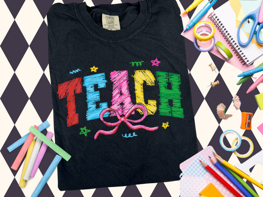🎨 Crayon Scribble TEACH Tee – Colorful Classroom Vibes!