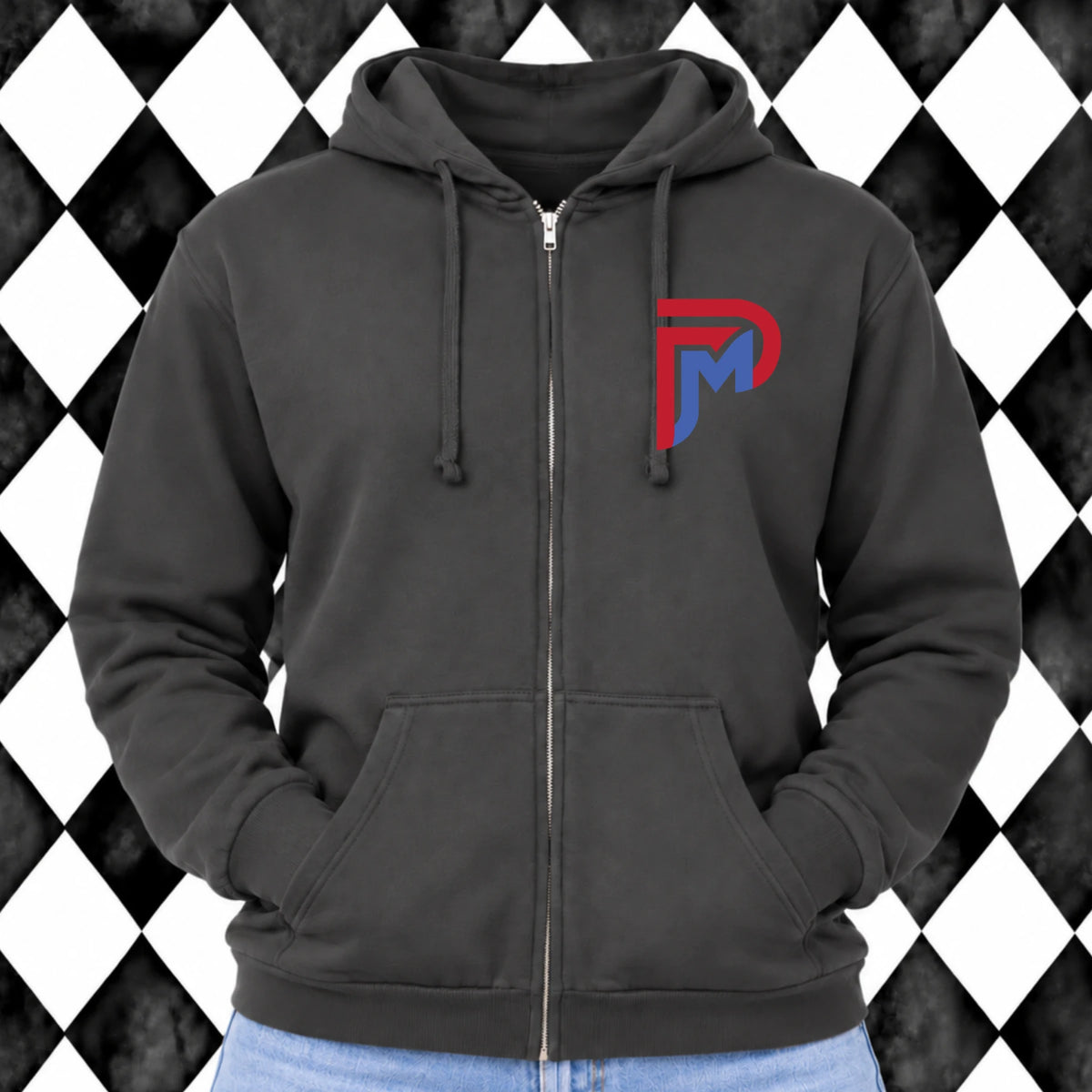 Charcoal full-zip hoodie with red and blue PM logo on the left chest