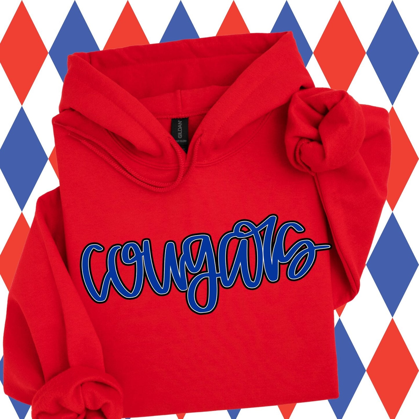 Cougars Blue Script on Red Hoodie