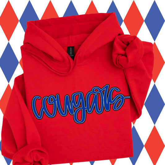 Cougars Blue Script on Red Hoodie