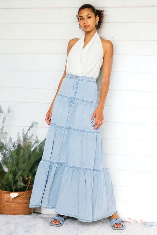 Kan Can Denim Tiered Maxi Skirt - Maggie Mae's Boutique and Custom Printing