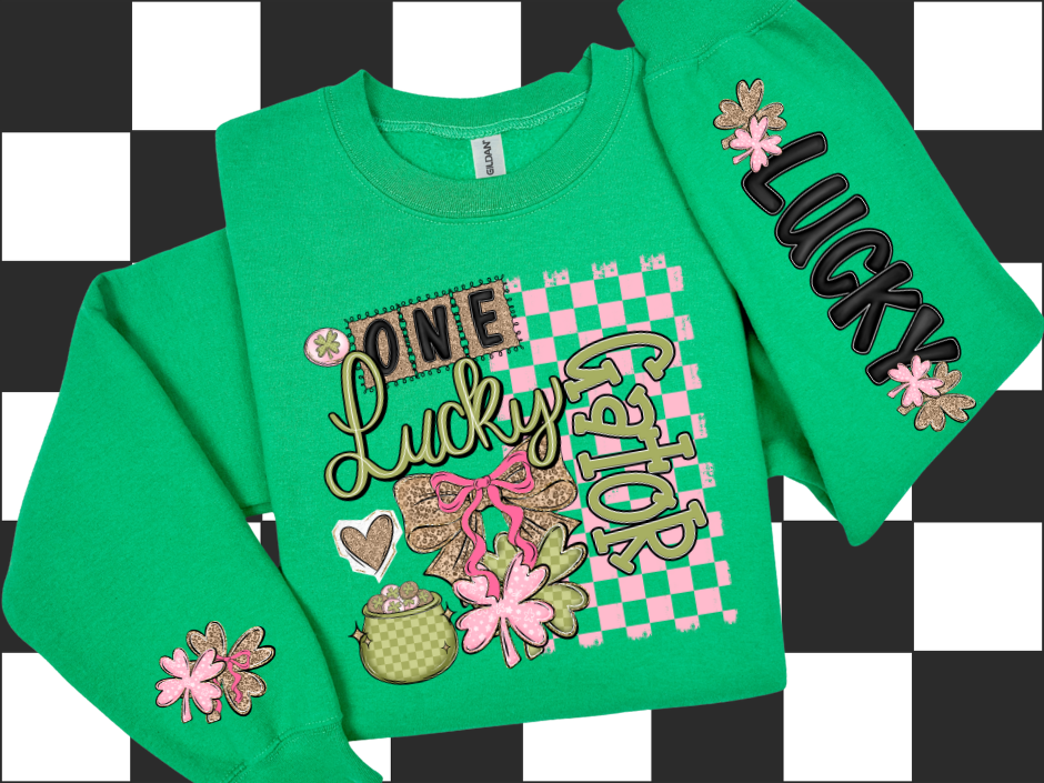 One Lucky Gator - Pink Checkers and Shamrocks (Long-Sleeved T-Shirt)