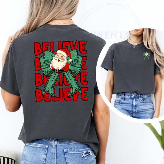 Festive Believe Santa Bow Tee - Cozy Christmas Graphic Shirt