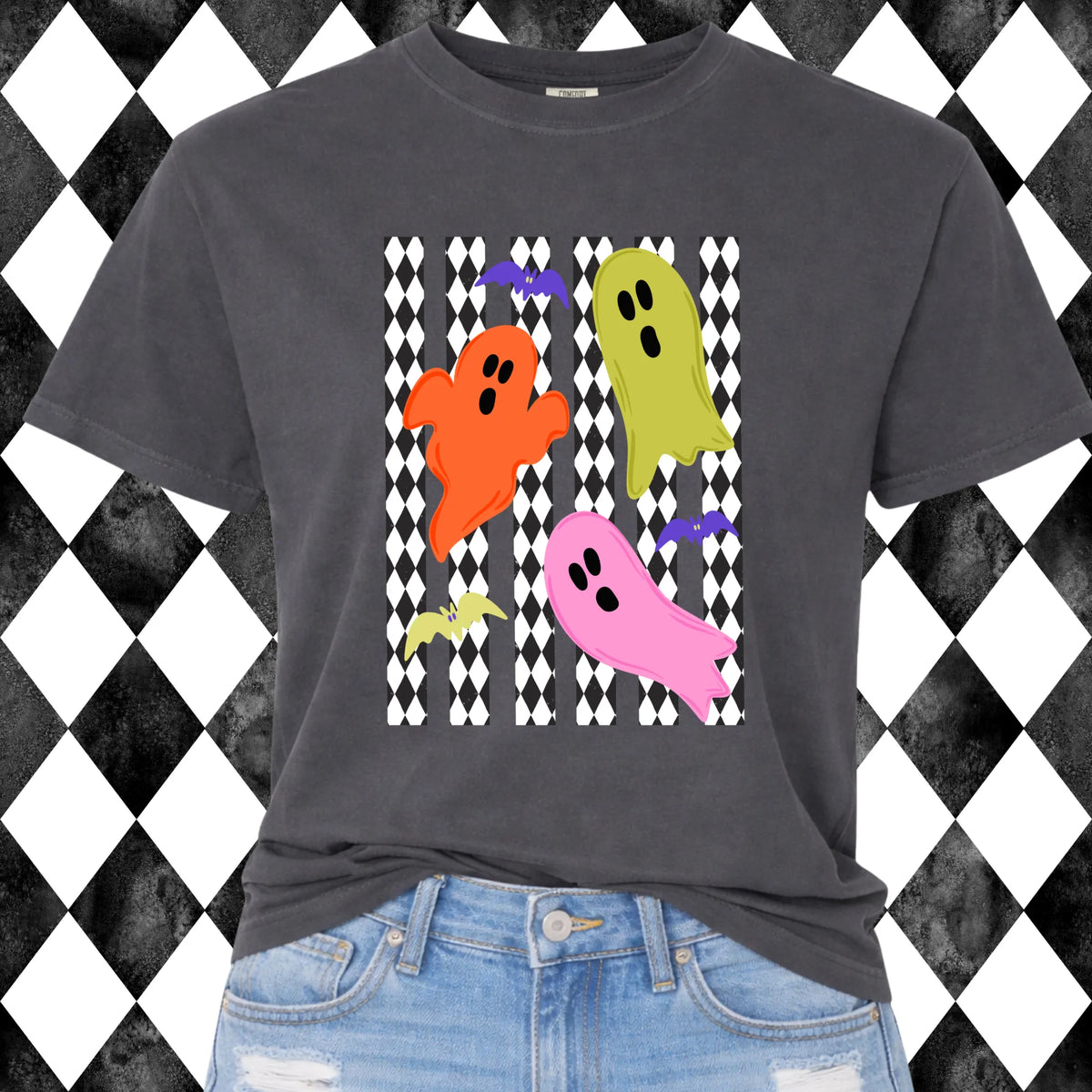 Harlequin Ghosts t-shirt - Graphite, orange, green and pink ghosts on harlequin stripes