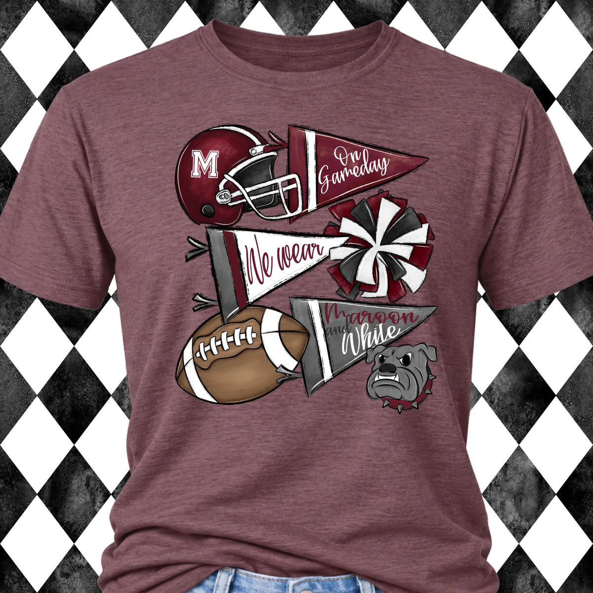 Bulldogs Helmet & Pom Roster t-shirt - Vintage Maroon, front