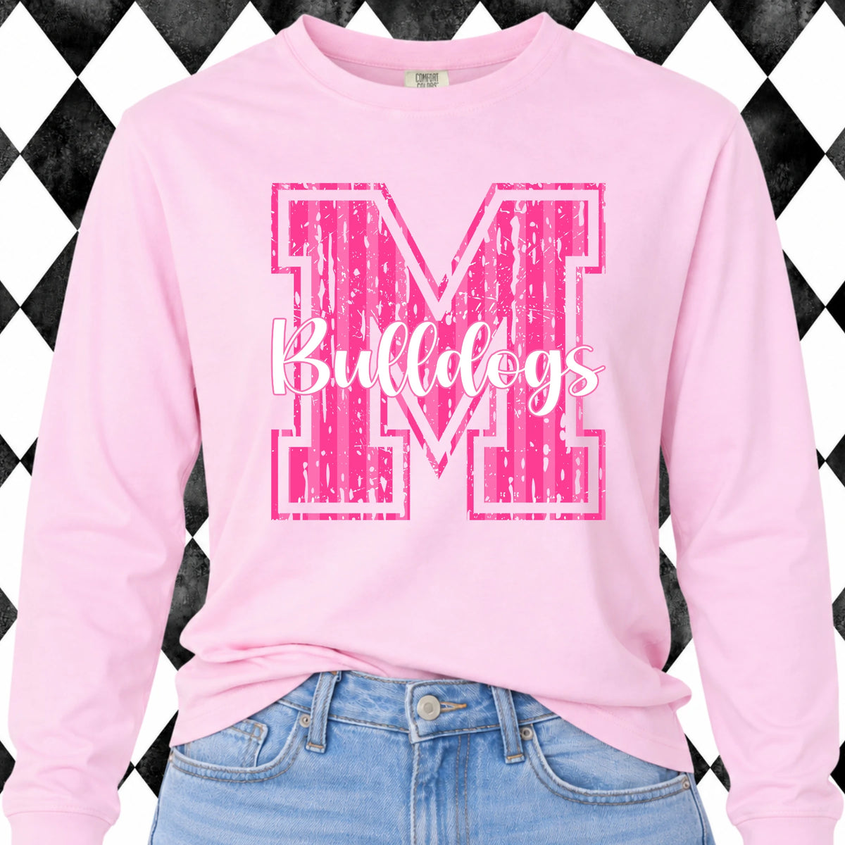 Pink Varsity M Bulldogs long sleeve tee - pink, front