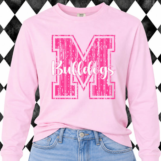 Pink Varsity M Bulldogs long sleeve tee - pink, front