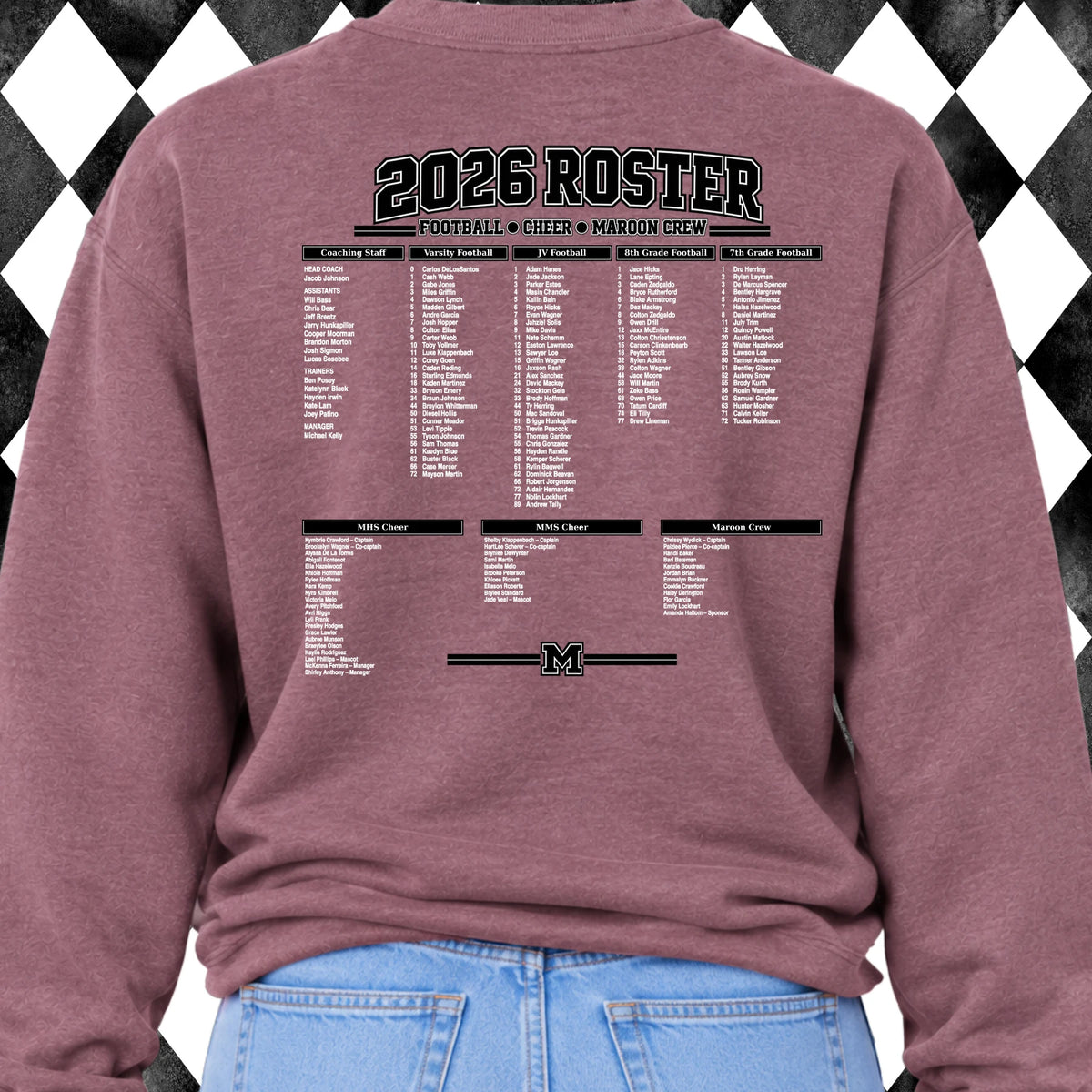 Full 2026 roster printed on the back - football, cheer and Maroon Crew
