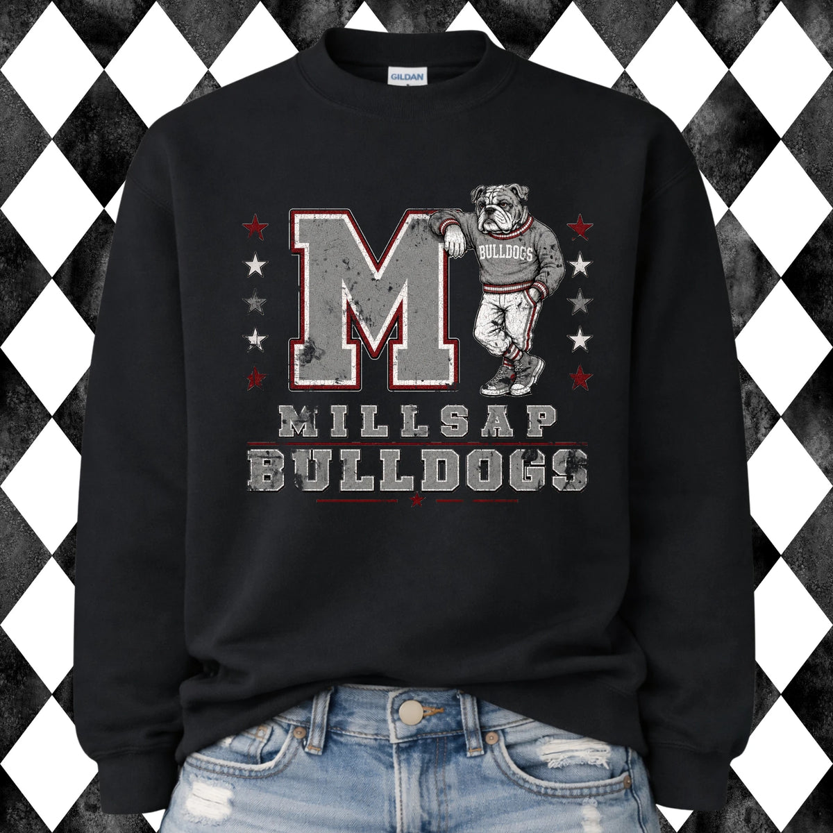 Retro Varsity Millsap Bulldogs sweatshirt - black, front