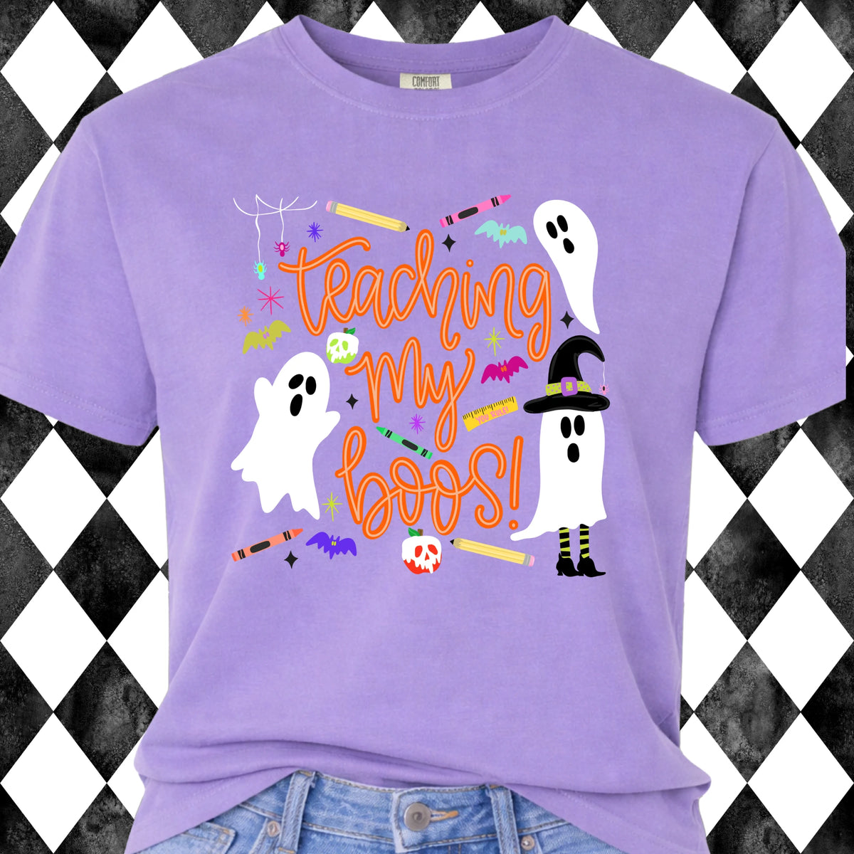 Teaching My Boos t-shirt - Violet, orange script with ghosts and school supplies