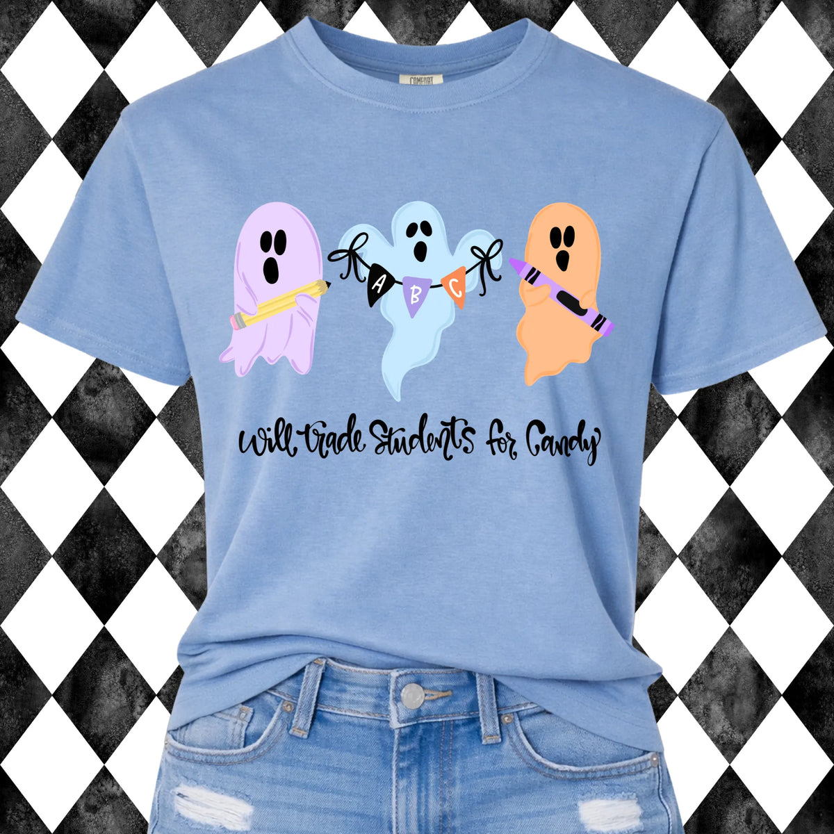Will Trade Students for Candy t-shirt - Washed Denim, three pastel ghosts with school supplies